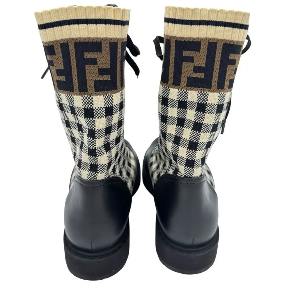 Fendi Rockoko Knit Leather Logo Biker Vitello Combat Boots Size 8.5 - Picture 7 of 12